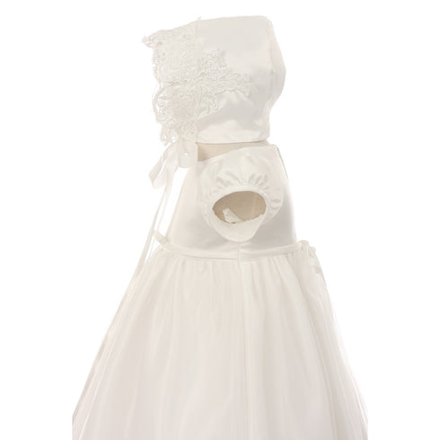Rain Kids Baby Girls Ivory Lace Satin Tulle Overlay Bonnet Baptism Dress 0-12M - SophiasStyle.com